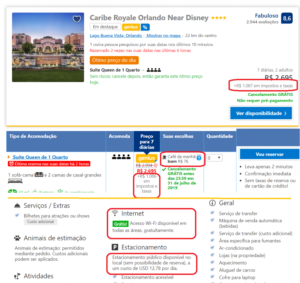 Exemplo de hotel com cobranças por fora da diária, como café da manhã, estacionamento e taxa de resort.