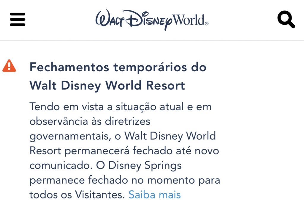 Disney World informa que ficará fechada por tempo indeterminado por conta da situação do coronavírus em Orlando.